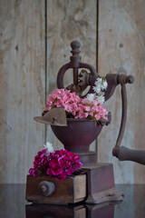 Viejo molinillo de café cubierto de flores. Fondo de madera