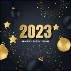 Happy New Year 2023 winter holiday greeting card design template. Party poster, banner or invitation gold glittering stars confetti glitter decoration. Vector background with golden gift bow