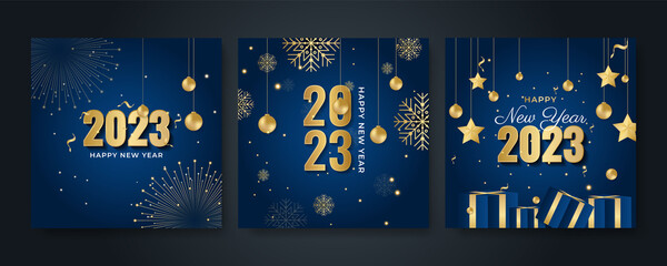 Happy new year 2023 square post card background for social media template. Blue and gold 2023 new year winter holiday greeting card template. Minimalistic trendy banner for branding, cover, card.