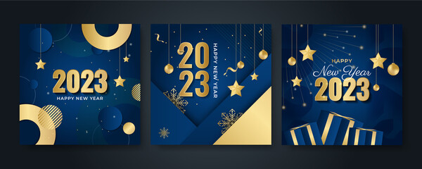 Happy new year 2023 square post card background for social media template. Blue and gold 2023 new year winter holiday greeting card template. Minimalistic trendy banner for branding, cover, card.