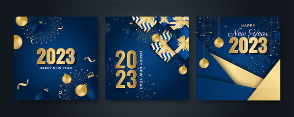 Naklejka premium Happy new year 2023 square post card background for social media template. Blue and gold 2023 new year winter holiday greeting card template. Minimalistic trendy banner for branding, cover, card.