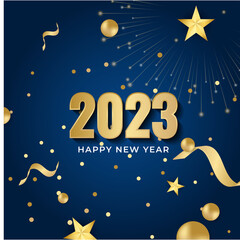 Obraz na płótnie Canvas Happy new year 2023 square post card background for social media template. Blue and gold 2023 new year winter holiday greeting card template. Minimalistic trendy banner for branding, cover, card.