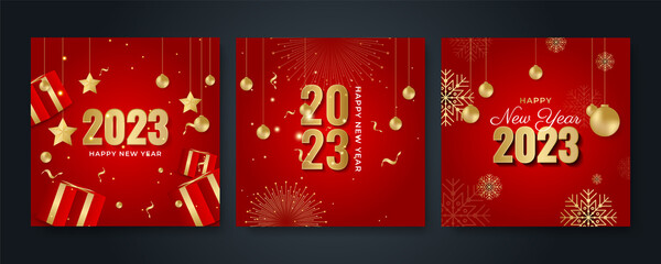 Happy new year 2023 square post card background for social media template. Red and gold 2023 new year winter holiday greeting card template. Minimalistic trendy banner for branding, cover, card.