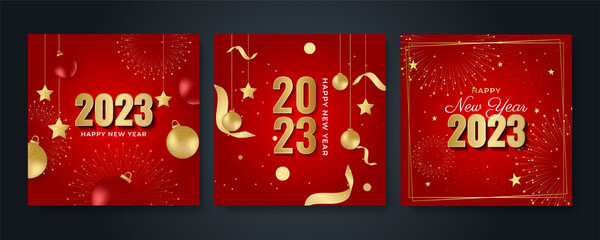 Happy new year 2023 square post card background for social media template. Red and gold 2023 new year winter holiday greeting card template. Minimalistic trendy banner for branding, cover, card.