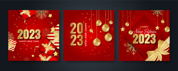 Happy new year 2023 square post card background for social media template. Red and gold 2023 new year winter holiday greeting card template. Minimalistic trendy banner for branding, cover, card.