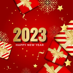 Happy new year 2023 square post card background for social media template. Red and gold 2023 new year winter holiday greeting card template. Minimalistic trendy banner for branding, cover, card.