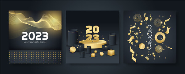Fototapeta na wymiar Happy new 2023 year elegant gold text with light. Minimal text template on black background