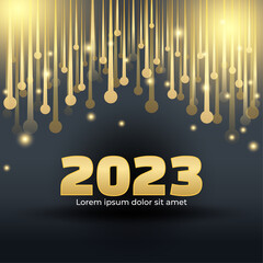 Happy new 2023 year elegant gold text with light. Minimal text template on black background