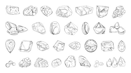 Collection of monochrome illustrations of precious and ordinary stones in sketch style. Hand drawings in art ink style. Black and white graphics. - obrazy, fototapety, plakaty