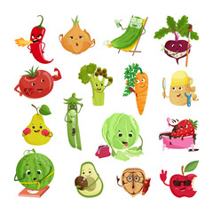 Set of conceptual illustrations with vegetables and fruits. Comic cartoon characters.