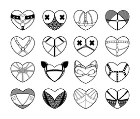 Collection of black and white hearts on the theme of sex and bdsm. Monochrome erotic illustrations.