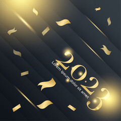2023 Happy New Year logo text design. 2023 number design template. 2023 Happy New Year symbols. Vector illustration with gold labels isolated on black background.