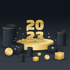 Happy new 2023 year elegant gold text with light. Minimal text template on black background