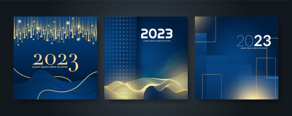 Happy new year 2023 square post card background for social media template. Blue and gold 2023 new year winter holiday greeting card template. Minimalistic trendy banner for branding, cover, card.