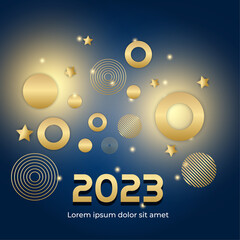 Happy new year 2023 square post card background for social media template. Blue and gold 2023 new year winter holiday greeting card template. Minimalistic trendy banner for branding, cover, card.