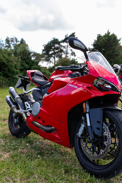 Woodbridge Suffolk UK August 14 2021: A 2019 Ducati 959 Panigale motorbike on display at a bikers meet