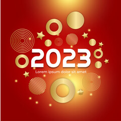 Happy new year 2023 square post card background for social media template. Red and gold 2023 new year winter holiday greeting card template. Minimalistic trendy banner for branding, cover, card.