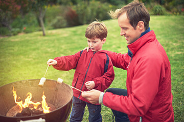 Naklejka na ściany i meble Be careful not to burn them. Shot of a father and son roasting marshmallows over a fire.
