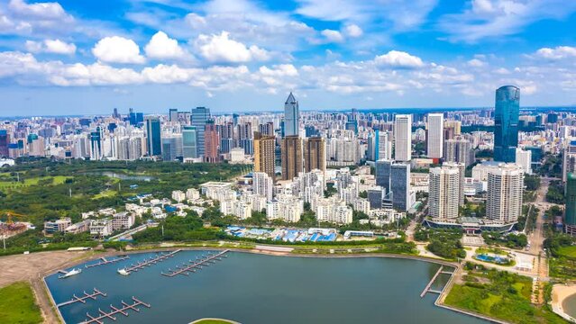 Haikou City Aerial Hyperlapse of Landmark Office Buildings in the Binhai Avenue CBD Area, Hainan Province, the Largest Free Trade Zone in China, Asia.