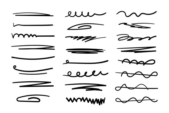 Handmade lines set, brush lines, underlines. Hand-drawn collection of doodle style various shapes. Lettering art elements. Isolated. Vector illustration