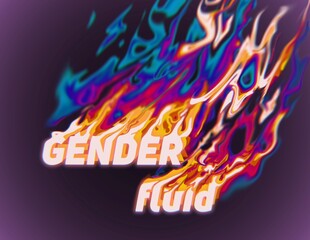 Gender Fluid. Abstract concept colorful typography design illustration in the 80s and 90s synthwave style design with depth of field blazing colors on dark background.
