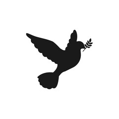 Dove silhouette. Dove symbol of peace. Flying dove holding branch isolated on white background. Vector stock