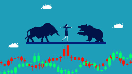 stock volatility. Balanced business woman on a volatile stock chart. Finance and Investment Concept vector