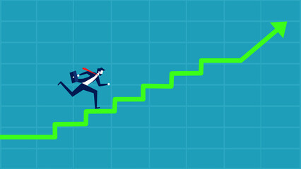 Successful ladder path. Businessman going up the arrow stairs. vector illustration eps