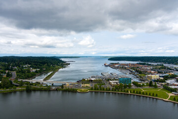 Naklejka na ściany i meble Aerial view of the Olympia, Washington waterfront 