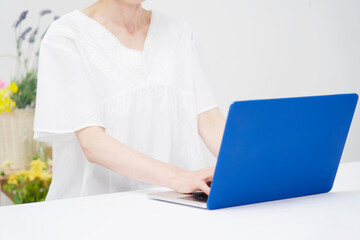 リビングでノートパソコンを使う女性のクローズアップ