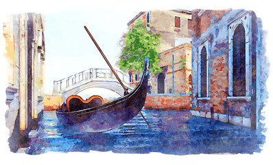 Watercolor sketch of empty traditional venetian gondola on water canal in Venice with ancient building and stone bridge on background. With no people cityscape - digital painting from my 3D rendering.