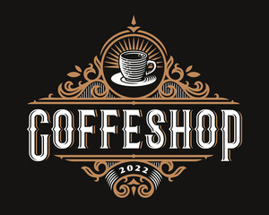 Coffee shop vintage golden luxury vector emblem, label , badge for your logo or crest with baroque ornaments.