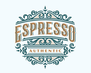 Coffee shop vintage golden luxury vector emblem, label , badge for your logo or crest with baroque ornaments.
