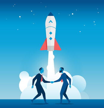 Business people join a partnership agreement. Rocket launch creating a new innovative startup.
