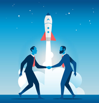 Business people reach a partnership agreement. Rocket launch creating a new innovative startup.
