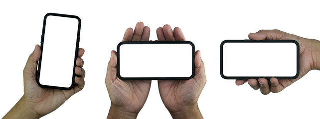 Smartphone similar to iphone 13 with blank white screen for Infographic Global Business Marketing Plan, mockup model similar to iPhone isolated Background of digital investment economy - Clipping Path