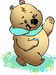 Cartoon fat bear cub in a scarf walks merrily.