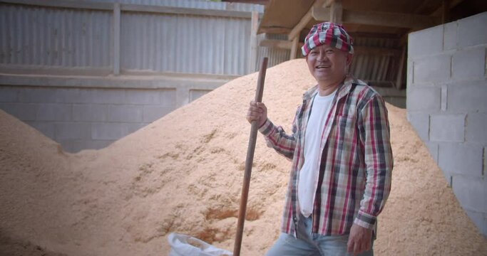 A happy smiling Asian male farmer who owns an old rice mill in a rural village inherited from his indigenous grandparents.  Using a shovel to scoop rice husks into sacks for sale.
