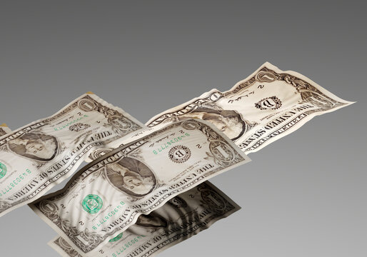 US dollar banknotes. One dollar bills on gray. Paper dollars slightly rumpled. Cash American currency. Realistic visualization of US money. Several small denomination banknotes. 3d image.
