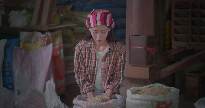 A happy smiling beautiful long-haired Asian farmer woman with turban, using both hands to scoop up mixed rice that has just been milled Including jasmine rice, brown rice and riceberry rice.