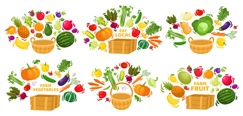 Vector set of healthy vegetables and fruits in basket. - 511717348