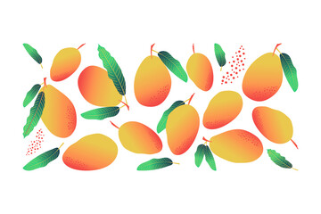 Composition of tropical ripe mangoes with leaves on a white background. Cute fruit print for decorative pillows, interior design. Vector.