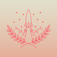 simple line art logo of wreath leaves with launched rocket