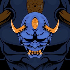 Oni Traditional Japanese Demon Mask With Blue Skin,Gold Eyes and Gold Horn Illustration. Mask Designs for T-shirts, Tattoos, Stickers, Gaming Logos or Posters