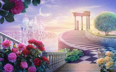 beautiful summer landscape of a wonderland with roses and an old castle