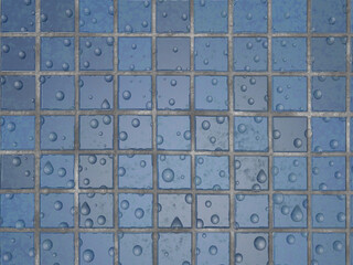 青い陶器製タイルの壁に水滴の3Dイラストレーション。無数の水滴。結露した壁。