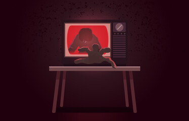 Evil spirit of revenge reaches a hand out of the vintage television screen on the table with red grunge background. Illustration about horror nightmare from watching tv, movie, zombie, and ghost.