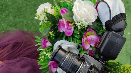camera and flowers