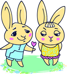 A cute cartoon hare or rabbit in a clearing gives a flower to a girlfriend.