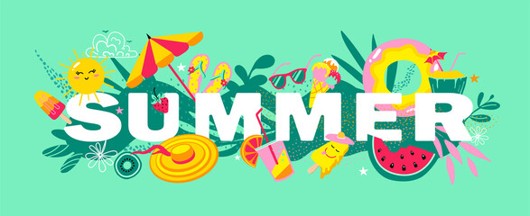 Naklejka premium Summer mood vector banner template. Summer banner with elements such as sun, fruits, ice cream, umbrella, beach shoes and palm leaves.